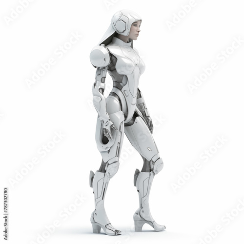 robot body  hyper realistic  unreal engine. modeled after a woman body. white background high fashion. 