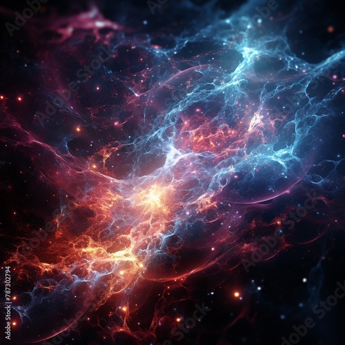 Detailed close-up of a neurogalactic node, electric pulses, cosmic dust swirling, mystical lighting, digital abstract collageslayered effectgreat for album covers