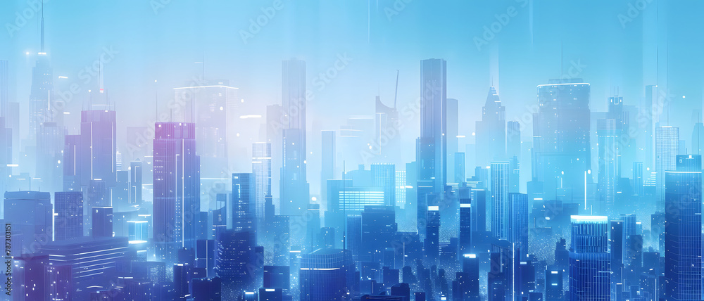 An illustration of a futuristic cityscape with skyscrapers glowing under a blue tinted sky, representing advanced urban development