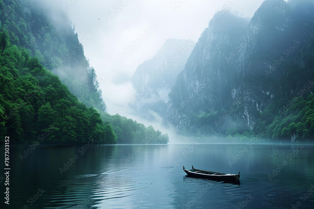 Foggy mountain lake with a lone boat, unlike the bustling river filled with sailboats Foggy mountain lake with a lone boat, unlike the bustling river filled with sailboats