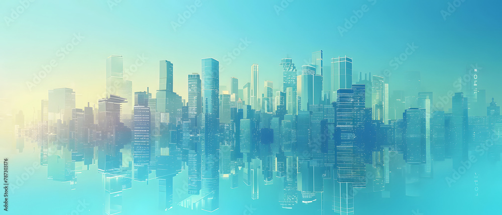 This serene city illustration depicts a calm futuristic metropolis with buildings bathed in gradient blue tones suggesting tranquility and harmony
