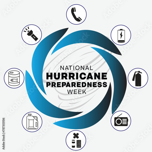 National Hurricane Preparedness Week design. It features  a hurricane logo surrounded by emergency preparation element. Vector illustration