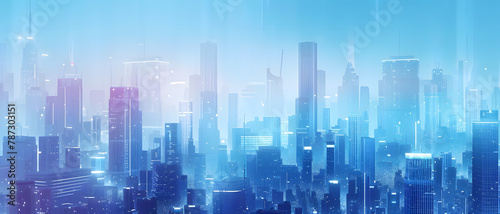 An illustration of a futuristic cityscape with skyscrapers glowing under a blue tinted sky  representing advanced urban development