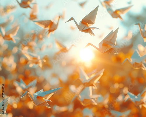 Paper cranes soaring in a serene sky, soft sunlight, mid-shot, symbolizing peace and tranquility in a delicate origami style, professional color grading,soft shadowns