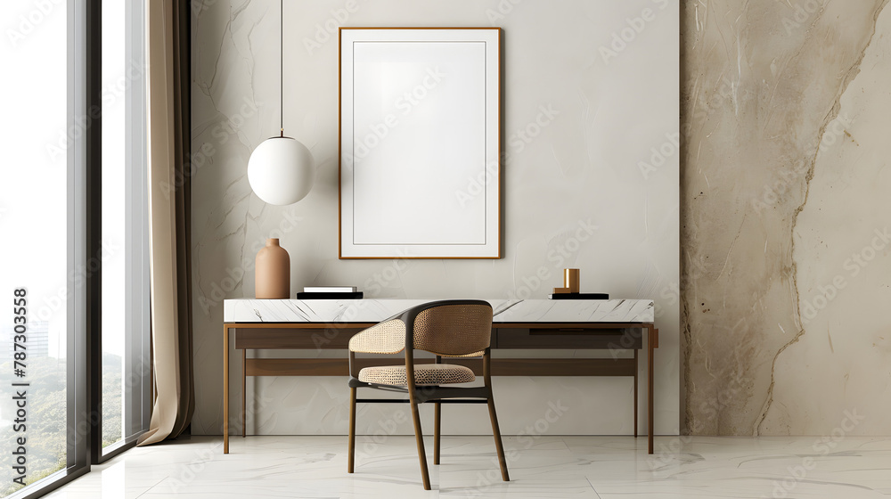Showcasing a trendy corner office, with a stylish desk and elegant decor complementing the beautiful view Showcasing a trendy corner office, with a stylish desk and elegant decor complementing the beautiful view