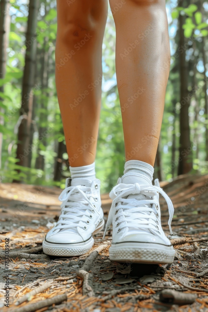 Woman in sneakers strolling through city park on sunny summer day, enjoying the outdoors
