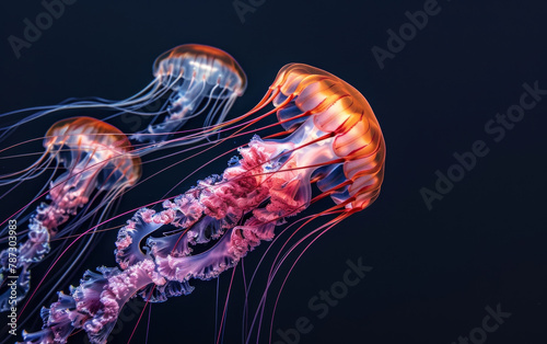 A swarm of colorful, vibrantly patterned jellyfish undulate gracefully through the dark waters, creating a stunning, otherworldly display of marine life.
