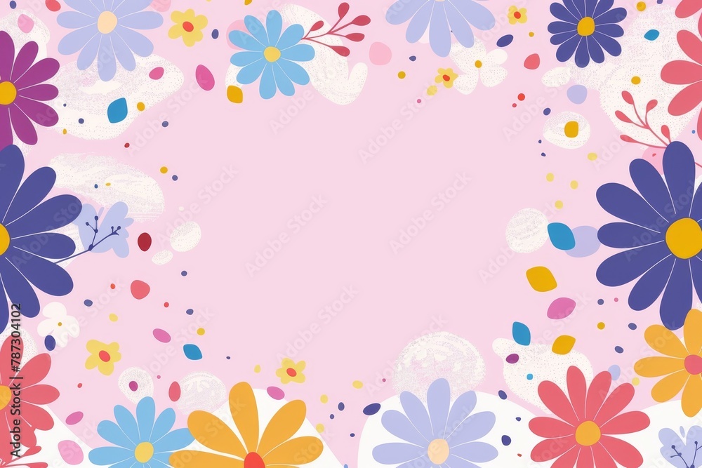 A colorful floral pattern on a pink background.