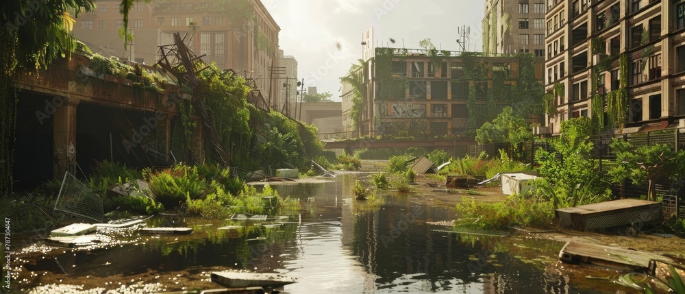 A serene view of an overgrown urban landscape, sunlight illuminating a water-filled street lined with lush greenery and abandoned structures.