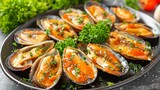 Savor traditional mediterranean delicacy  grilled mussels on stylish black plate
