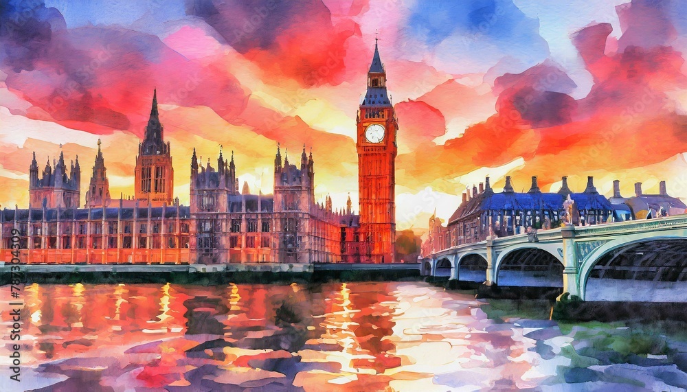 Watercolor painting of Sunset skyline of Big Ben abd Houses of Parliament in London - obrazy, fototapety, plakaty 