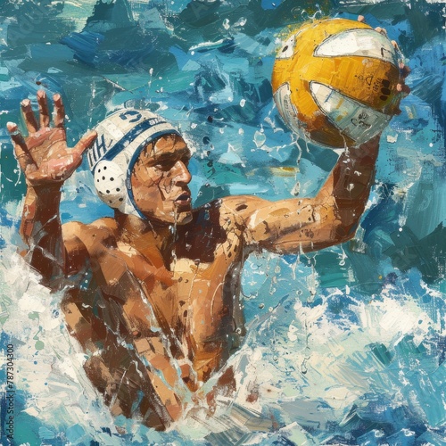 a painting of a man playing water polo in the ocean