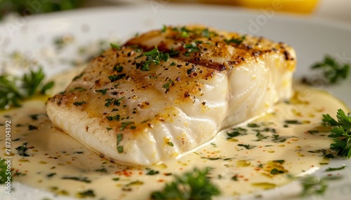 Chef preparing grilled fish filet in creamy butter lemon or cajun spicy sauce with herbs