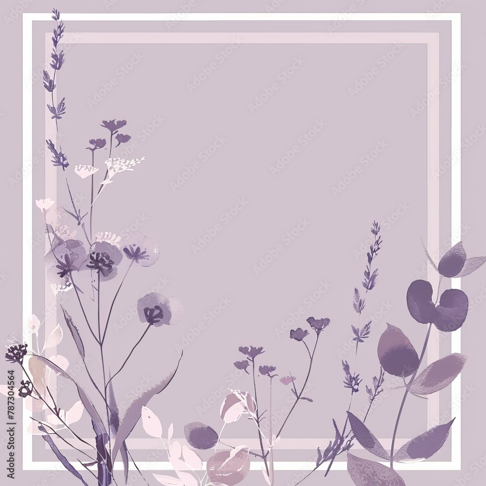 A square frame with a watercolor floral pattern on a pale purple background.