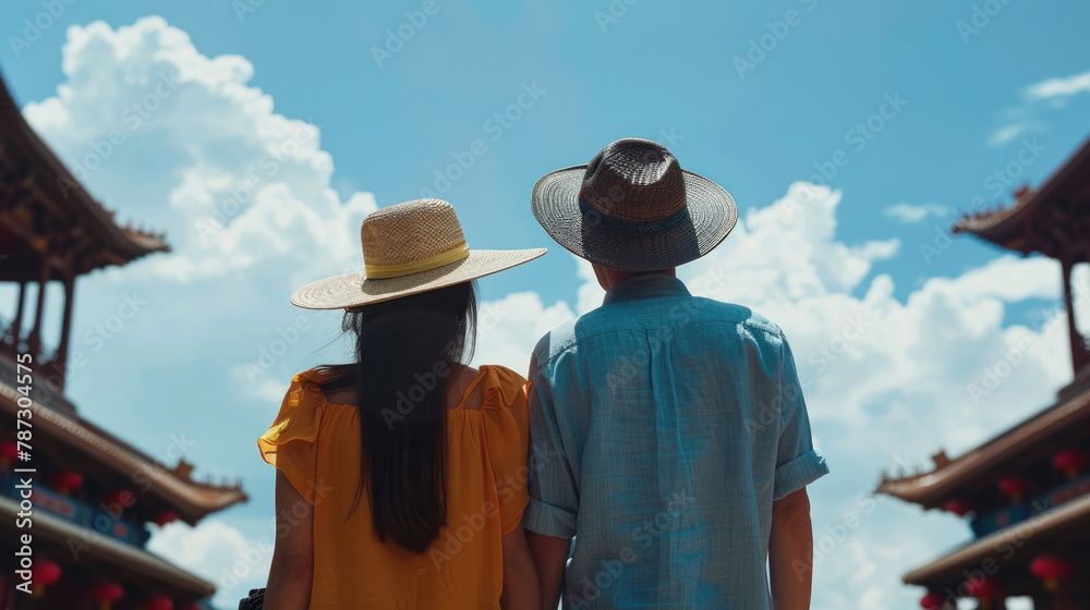 A man and woman from behind, wearing summer hats, gaze at an ornate temple against a backdrop of blue sky with fluffy clouds