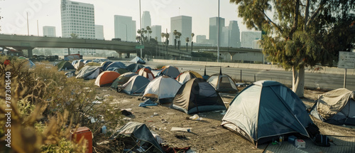 A panoramic view shows a line of tents set against a bustling freeway and distant city skyline, encapsulating urban homelessness.