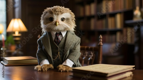 Envision a debonair owl in a tweed vest, paired with a bow tie and a leather satchel. Amidst a backdrop of library shelves, it exudes scholarly charm and intellectual refinement. The ambiance: studiou photo