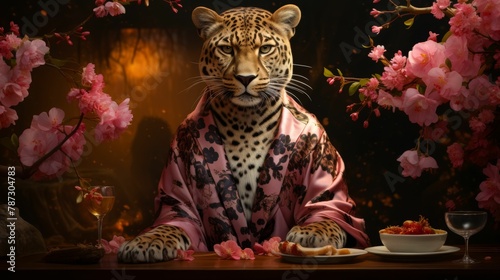 Picture a sophisticated leopard in a silk kimono, adorned with cherry blossom motifs and a golden obi belt. Against a backdrop of Japanese gardens, it exudes Oriental elegance and cultural richness