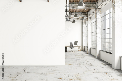 White industrial minimal open space office corner with blank wall photo