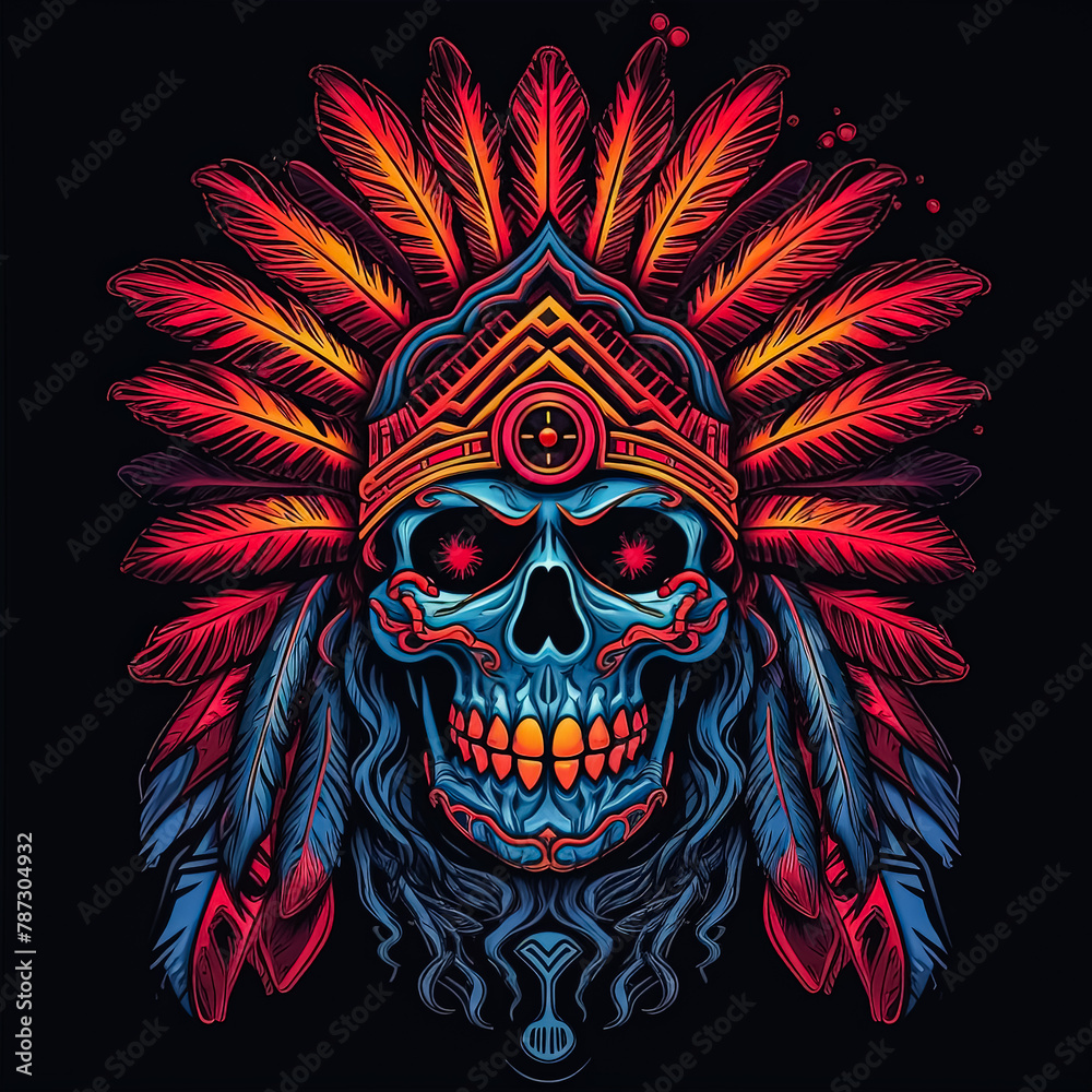 A skull with a feather headdress and a red and blue background.