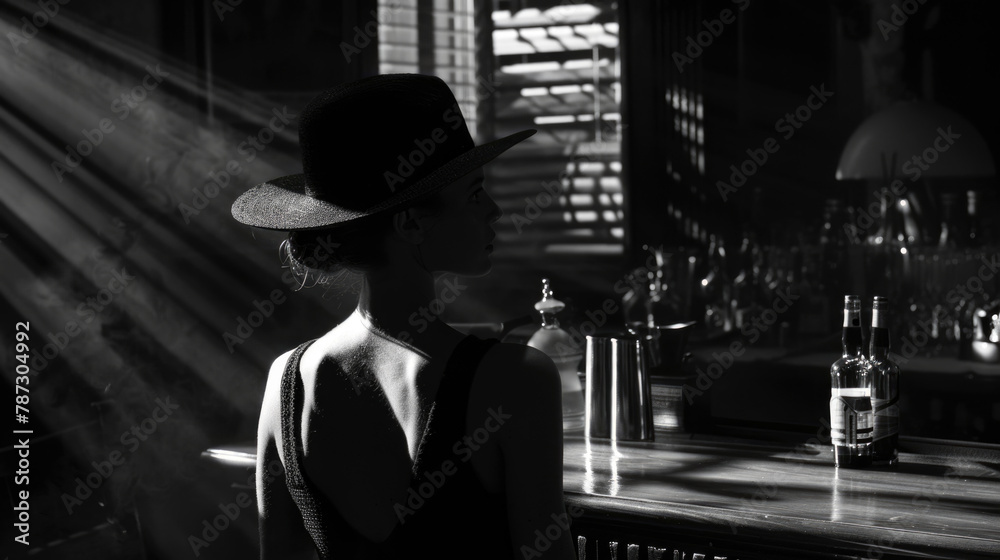 A woman in a stylish hat stands in front of a bar, looking at the entrance with a confident pose A woman in a stylish hat stands in front of a bar, looking at the entrance with a confident pose