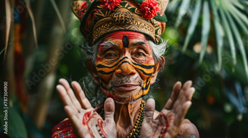 An indigenous man with intricate face and body paint stands in front of a backdrop of tall palm trees photo