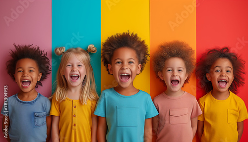 Collage made of five happy multiracial portraits of surprised children with opened mouths on colorful background. Concept of hally childhoom. International children's day photo