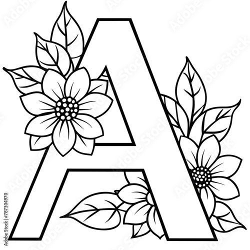 Alphabet A coloring page with the flower, A letter digital outline floral coloring page, ABC coloring page
