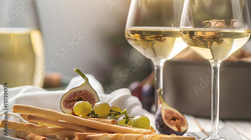 Two wineglasses of vintage chardonnay with delicious appetizers Couple of glasses of white wine italian breadsticks figs and grapes Interior background Close up copy space : Generative AI photo