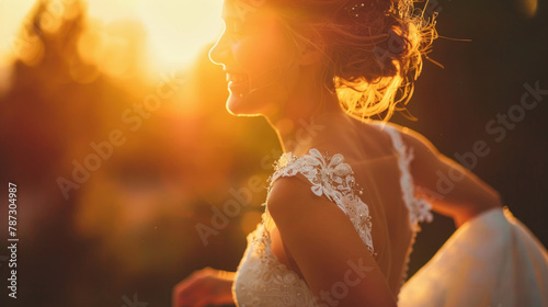 Charming woman wearing a white wedding dress stands with the sun shining behind her