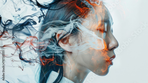 A womans face with significant amounts of smoke billowing out, creating a striking visual effect