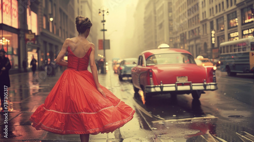 A woman in a vibrant red dress strolls along a wet urban road lined with classic architecture and a vintage car