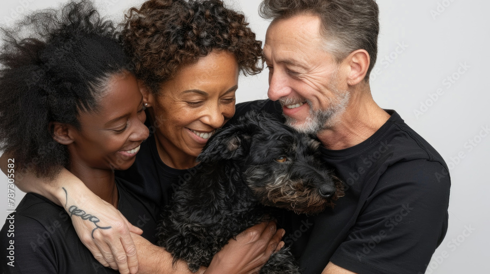 A man and two women embracing a dog in a warm group hug, showing love and affection towards their furry companion A man and two women embracing a dog in a warm group hug, showing love and affection towards their furry companion