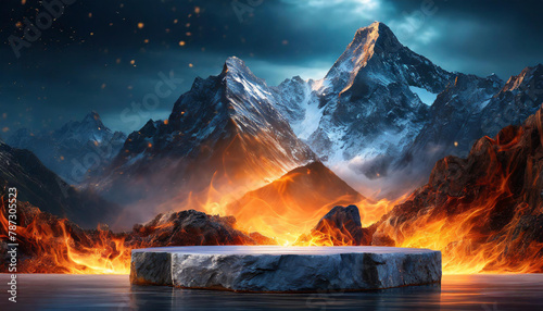 Stone podium in fire flames and mountains on background. Abstract empty pedestal