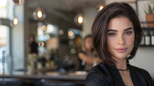 Chic Brunette with Bob Cut at Trendy Cafe  Contemporary Lifestyle Portrait