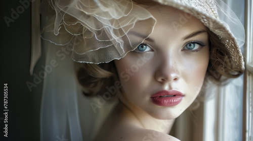 Charming woman is wearing a hat with a veil covering her head, adding a touch of elegance to her outfit