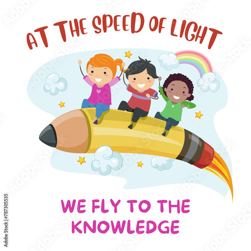 New Creative Cute Minimal Tshirt/Cards (Print on Demand) Design For Kids With Typography/Text "At The Speed Of Light, we fly to the knowledge".   © Kiran Lohana