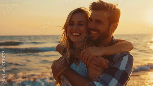 Romantic young man and woman embracing on the beach at sunset time happy loving couple having fun at the sea shore millennial lovers hugging and smiling enjoying outdoor date copy spac   Generative AI
