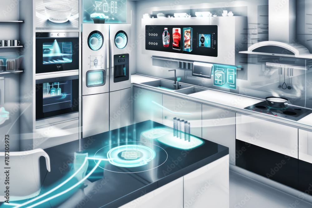 Kitchen in apartment of the future. High technology, cyber space, smart home. Kitchen in apartment of the future. High technology, cyber space, smart home.