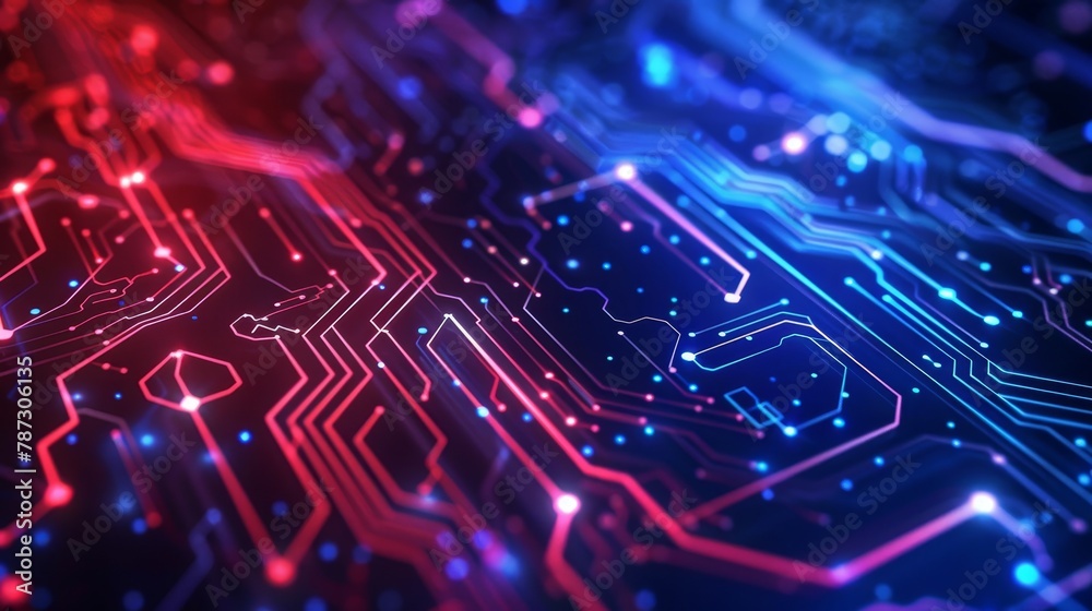 Close-up of a digital circuit board illuminated by glowing red and blue lights, symbolizing technology, innovation, and data flow. Ideal for concepts of modern technology and digital transformation. Close-up of a digital circuit board illuminated by glowing red and blue lights, symbolizing technology, innovation, and data flow. Ideal for concepts of modern technology and digital transformation.