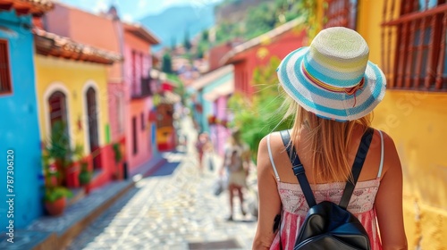 Solo female traveler exploring historic spanish town streets on vacation in europe