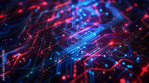 Vibrant close-up of a circuit board with red and blue electrical pathways  perfect for illustrating technology and computing concepts.