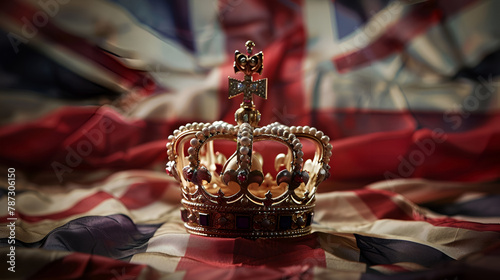 UK. coronation of the monarch Charles. Crown of Great Britain on the background of the flag, National holiday of the coronation of the monarch