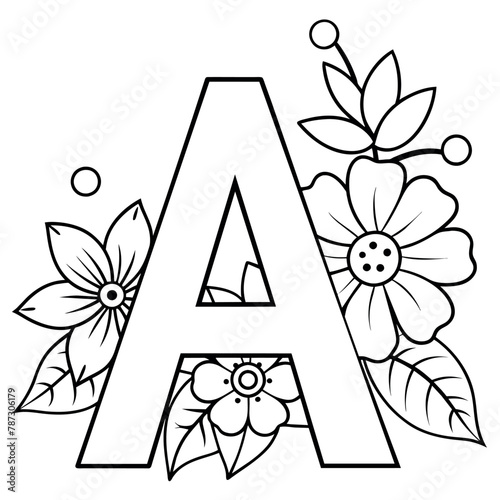 Alphabet A coloring page with the flower, A letter digital outline floral coloring page, ABC coloring page