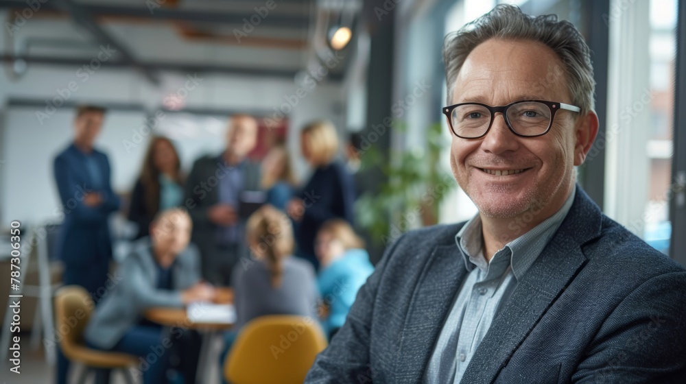 portrait of a middle-aged businessman standing in an office with his employees behind him portrait of a middle-aged businessman standing in an office with his employees behind him
