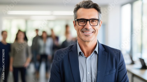 portrait of a middle-aged businessman standing in an office with his employees behind him