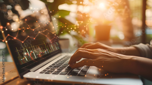 An individual is actively trading stocks online using a laptop, sitting outdoors with a vibrant nature background, emphasizing a mobile work environment