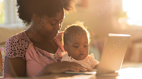 Close up of busy mother holding her baby while sitting at table and working on laptop at home copy space : Generative AI