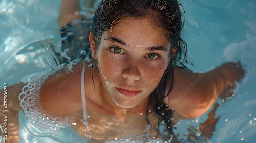 Close-up of a girl underwater with dappled light, looking attentively at the camera, water surrounding her