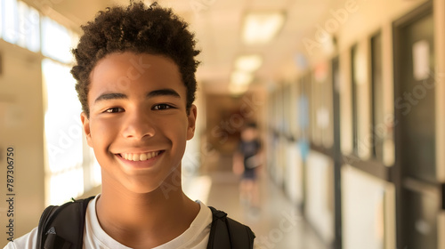 Teenage biracial boy smiles brightly in a high school corridor with copy space his cheerful expression adds a warm atmosphere to the educational setting : Generative AI